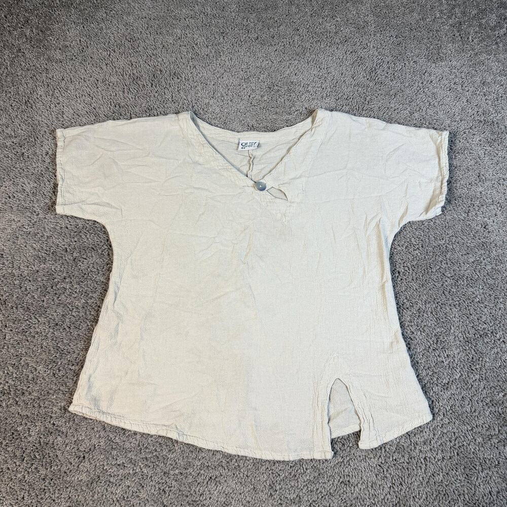 Oh My Gauze! Shirt Womens 1 Beige Tunic V-Neck 100% Cotton Lightweight